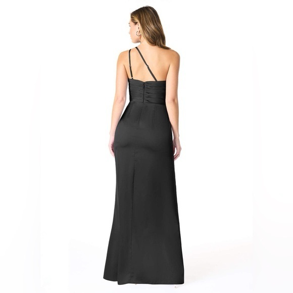 Azazie Sz 12 Eren Elegant One Shoulder Satin Black Maxi Wedding Gown Dress - Picture 2 of 14